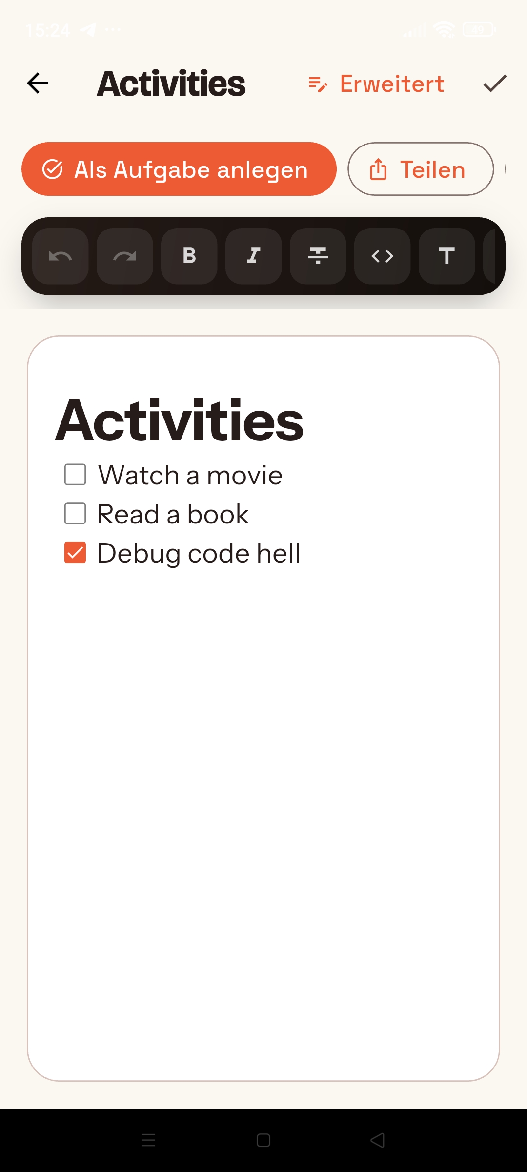 Notizeditor von Daily Calendar mit Aufgabenliste und Formatierungsleiste