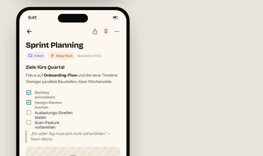 Daily Calendar zeigt eine eingescannte Sprint-Planung als strukturierte Notiz